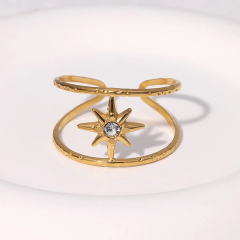 Adjustable Open Ring Stainless Steel 18K Gold Plated Double Layer North Star Zircon Inlay Minimalist Fashion For Women