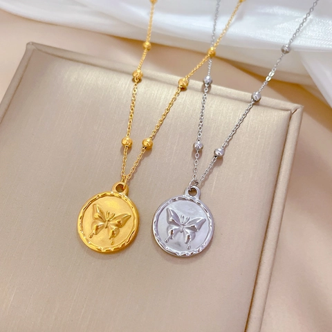 Collana Con Ciondolo A Moneta Rotonda Rilievo Farfalla Acciaio Al Titanio Minimalista Placcato Oro Gioielli Donna