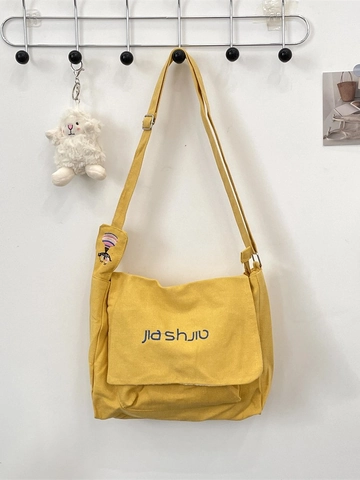 Canvas Messenger Bag Yellow Flap Crossbody Purse Adjustable Strap Letter Embroidery Casual Commuting Solid Color Women