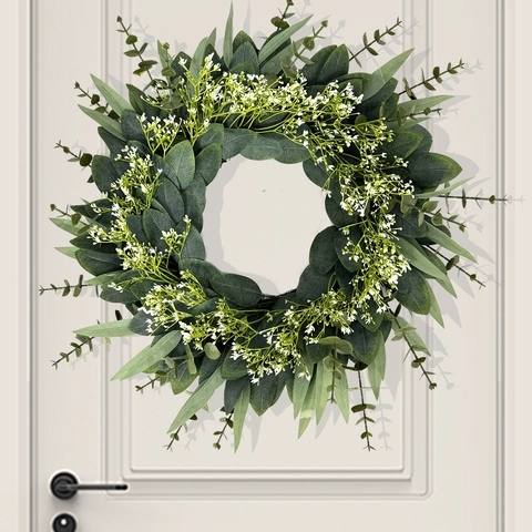Artificial Eucalyptus Wreath Green Leaves White Flowers Plastic Satin Farmhouse Front Door Wall Home Decor Wedding Modern
