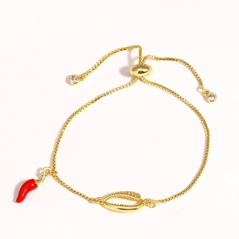 Chili Pepper Shell Charm Bracelet Adjustable Gold Plated Brass Cubic Zirconia Enamel Fashion Jewelry For Women