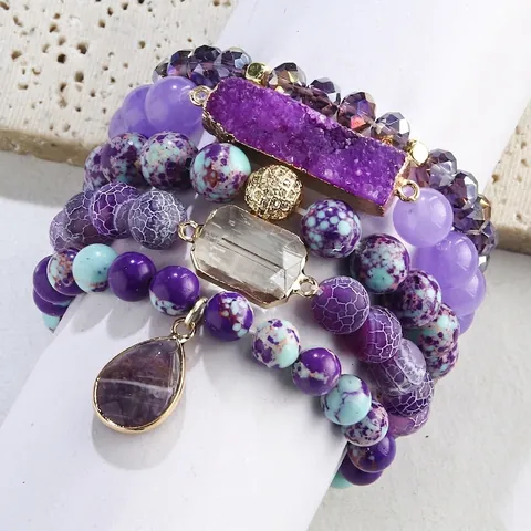 Bohemian Multi Layer Stackable Bracelet Set For Women Natural Stone Alloy Rhinestone Glass Bead Druzy Pendant Ethnic Jewelry