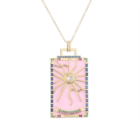 Collana Con Ciondolo Tarocchi Il Sole Rame Placcato Oro 18K Zircone Colorato Smalto XIX Etichetta Rettangolare