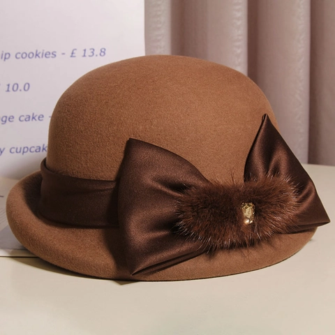 Eleganter Wollglockenhut Für Damen Mit Satinbandschleife Kunstpelz Und Kristalldekor Vintage Hepburn Stil Warm