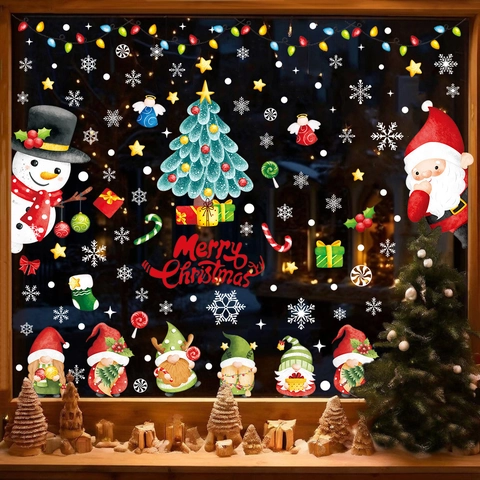 Christmas Window Clings Static Cling PVC Stickers Snowflake Santa Snowman Reusable Holiday Glass Decals Home Decoration