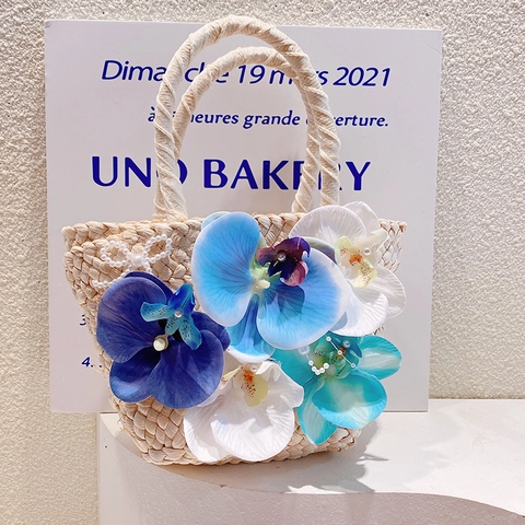 Borsa A Mano In Paglia Intrecciata A Mano Con Fiori Di Orchidea Artificiali E Decorazioni Di Künstliche Perle Stile Bohémien Da Donna