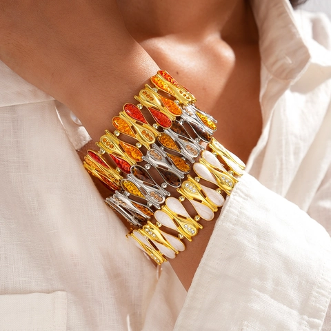 Bracciale Largo Elastico Smalto Zircone Vintage Lega Goccia Acqua Geometrico Braccialetto Dichiarazione Donne Boho