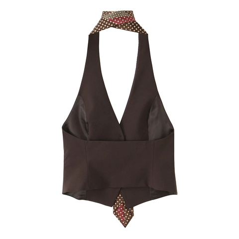 Top Gilet Allacciato Al Collo Da Donna Stampa Geometrica Decorazione Cravatta Marrone Senza Maniche Sexy
