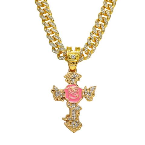Collana Con Pendente A Croce Iced Out Lega Di Zinco Strass Rosa Smalto Hip Hop Punk Gioielli Da Uomo