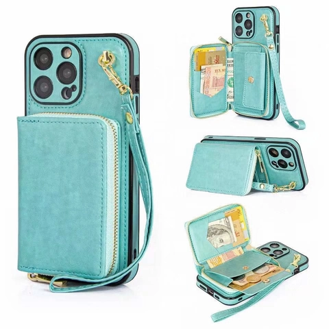 Multi-functional Zipper Wallet Phone Case With Card Slots Crossbody Strap Lanyard Faux Leather Shockproof Cover For iP 15 14 13 Pro Max