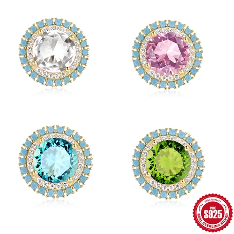 925 Sterling Silver Stud Earrings For Women Gold Plated Round Zirconia Artificial Pearl Inlaid Luxurious Geometric Jewelry