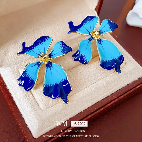 Vintage Blue Flower Stud Earrings Enamel Glaze Alloy With Silver Earring Post Luxury Floral Jewelry For Women