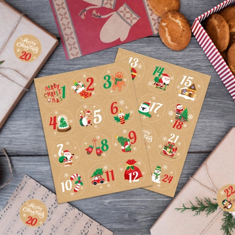 Christmas Sticker Labels Kraft Paper Advent Calendar Countdown Decals For DIY Gift Wrapping Scrapbooking Party Decor