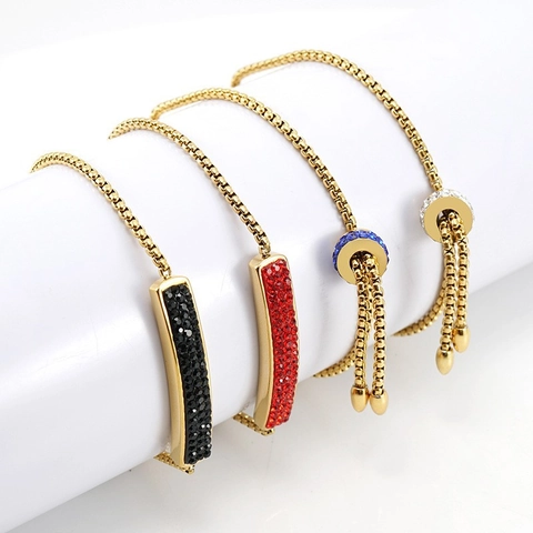 Adjustable Slider Bracelet Stainless Steel 18K Gold Plated Cubic Zirconia Bar Fashion Jewelry For Women