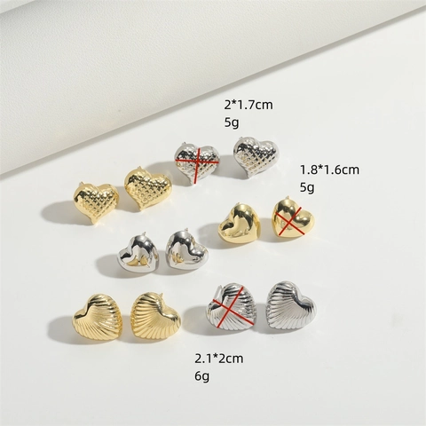 Minimalist Copper Heart Stud Earrings For Women Geometric Line Textured Gold Silver Plated Elegant Daily Ear Jewelry Accessories