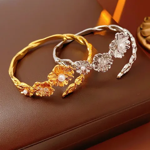 Brazalete De Flores Vintage Cobre Con Circón E Imitación Perla Artificial Joyería De Lujo Retro Francés Pulsera Abierta Mujer