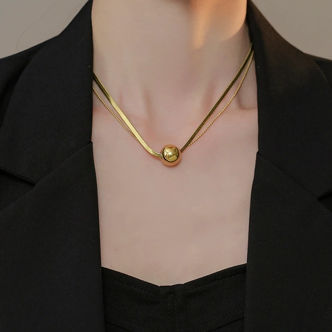 Collar De Doble Capa Con Colgante De Bola Para Mujer Acero Inoxidable Pulido Cadena De Espiga Y Bolitas Joyería Minimalista