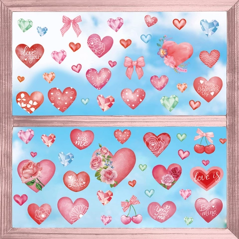 Valentine's Day Heart Window Clings PVC Wall Stickers Watercolor Rose Flower Gnome Decals For Wedding Anniversary Party Decor