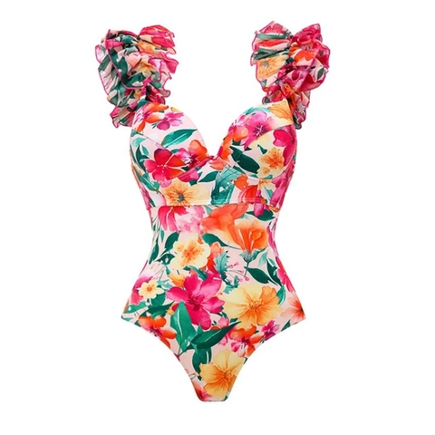 Costume Da Bagno Intero E Gonna Da Donna Nylon Spalle Con Volant Schiena Scoperta Stampa Floreale Spiaggia Vacanze Tropicale