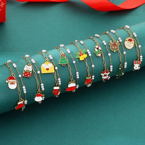Pulsera De Navidad En Capas Acero Inoxidable Colgantes Esmalte Perla Artificial Festiva Papá Noel Reno Joyas Mujer