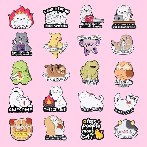 Cartoon Animal Enamel Pin Brooch Alloy Funny English Quote Cat Dinosaur Frog Sloth Badge Jewelry Accessory For Women Men