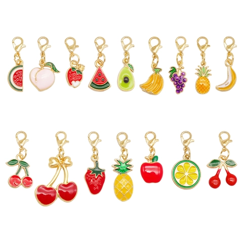 Fruit Enamel Charms For Jewelry Making DIY Strawberry Banana Cherry Apple Pineapple Watermelon Grapes Alloy Pendants With Lobster Clasp For Keychain Decor