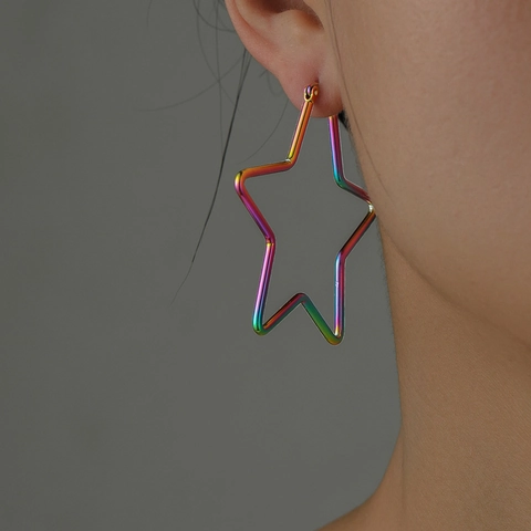 Orecchini A Cerchio A Stella Acciaio Inossidabile Arcobaleno Cangiante Grande Pentagramma Punk Hip Hop Esagerato Donna