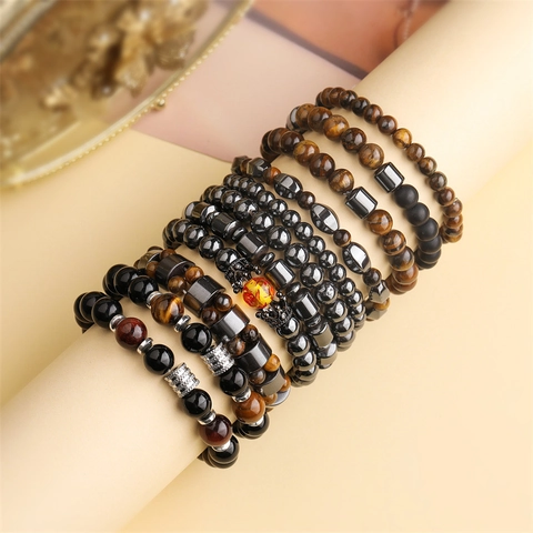 Bracciale Di Perline In Occhio Di Tigre E Ematite Gioielli Artigianali Elastici Per Uomini Donne Stile Minimalista Vintage