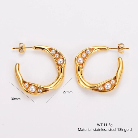 Twisted C Shape Stud Earrings With 18K Gold Plated Stainless Steel And Artificial Pearl French Retro Elegant Fashion For Women