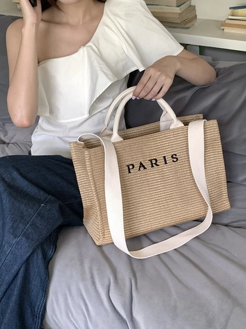 Damen Stroh Gewebte Tragetasche PARIS Stickerei Große Kapazität Strandurlaub Handtasche Mit Schultergurt Lässig