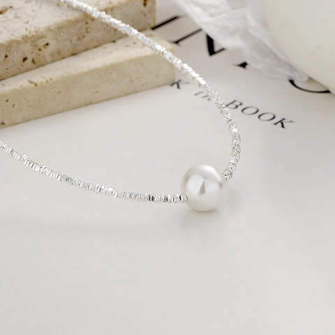 Collar De Perlas Artificiales De Plata De Ley 925 Cadena De Clavícula Estilo Plata Triturada Joyería Minimalista Elegante Para Mujer