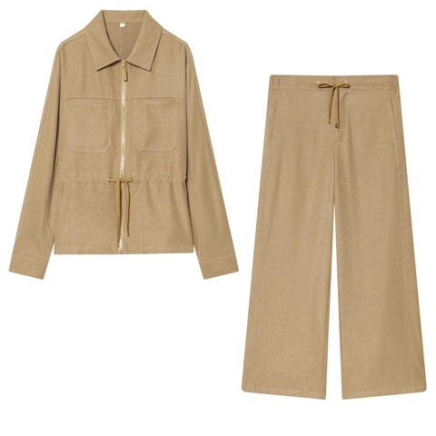 Women Zip Up Lapel Jacket And Wide Leg Trousers Casual Drawstring Waist Solid Color Streetwear