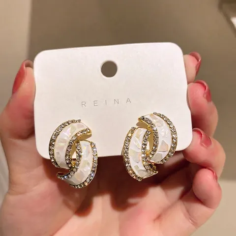 Interlocking Geometric Hoop Earrings With Mother Of Artificial Pearl Rhinestone Inlay Alloy Jewelry For Women Silver Earring Post