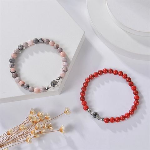 Gemstone Beaded Bracelet With Multi-Language I Love You Projection Alloy Heart Pendant Adjustable Elegant