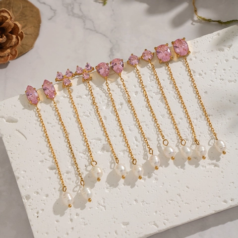Orecchini Pendenti Con Nappine In Acciaio Inossidabile Con Perle D'Acqua Dolce E Zirconi Catena Lunga Elegante Per Donna