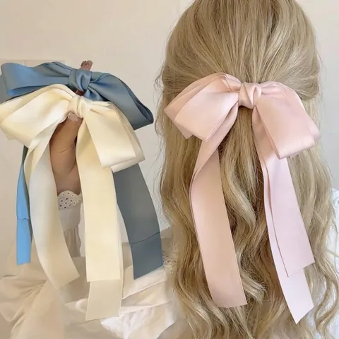 Large Satin Ribbon Bow Hair Clip With Long Streamers Double Layer Elegant Korean Style Headpiece For Women Girls