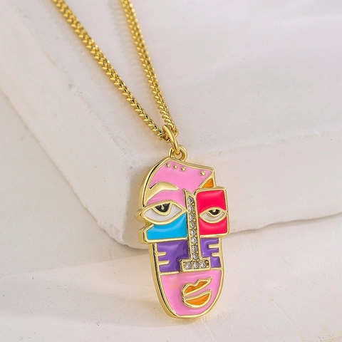 Collana Con Ciondolo Viso Astratto Rame Placcato Oro 18K Smalto Colorato Gioielli Artistici Cubismo Zircone Per Donne