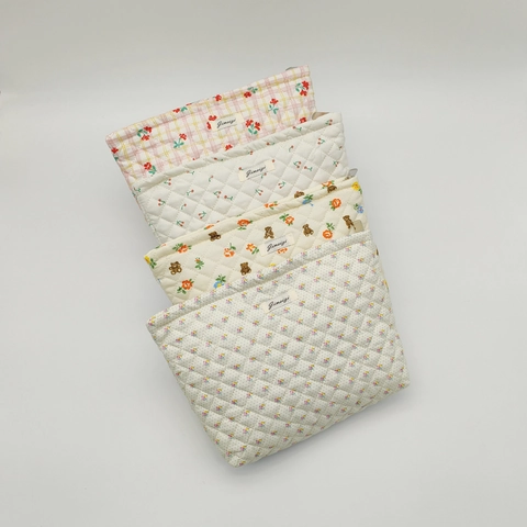 Borsa Trucco Trapuntata Grande Capacità Stampa Orso Floreale Pochette Cosmetica Portatile Viaggio Organizzatore Toilette Donne