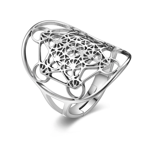 Vintage Stainless Steel Geometric Hollow Open Ring Metatron's Cube Flower Of Life Adjustable Jewelry For Unisex Decor