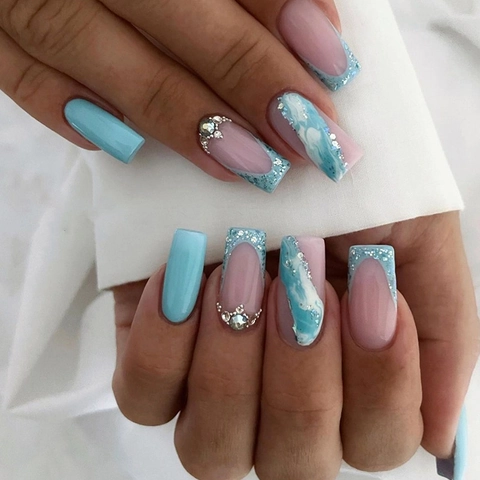 Faux Ongles À Presser Cercueil Longueur Moyenne Design Marbre Bleu Paillettes Strass Pour Femmes