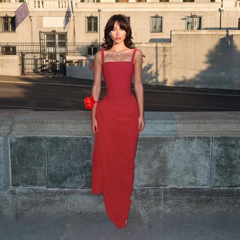Sexy Red Spaghetti Strap Maxi Dress Boned Corset Waist Ruched High Slit Bodycon Evening Party Long Dress For Women