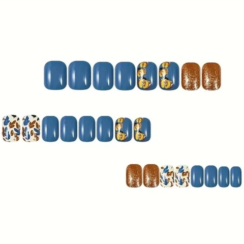 Press On Nails Short Square Pumpkin Maple Leaf Thanksgiving Theme Glitter Navy Blue Fake Nails For Women
