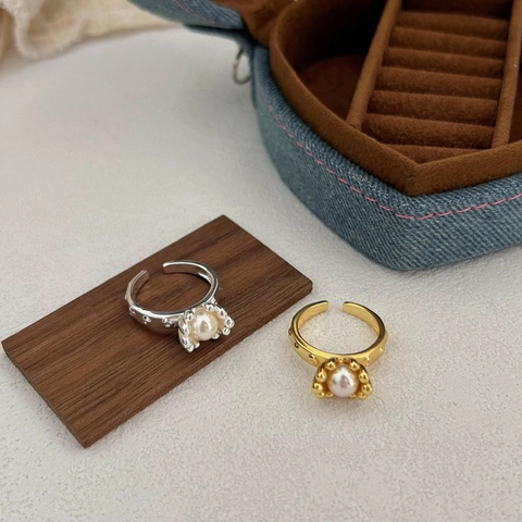 Artificial Pearl Ring 925 Sterling Silver Adjustable Open Bamboo Texture Minimalist Korean Style Aesthetic Jewelry For Women