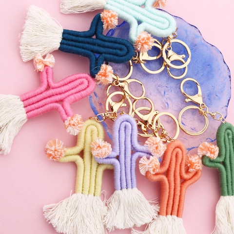 Handmade Woven Cactus Keychain With Cotton Thread Tassel Pom Pom Decoration Bohemian Bag Charm Accessory For Women Girls