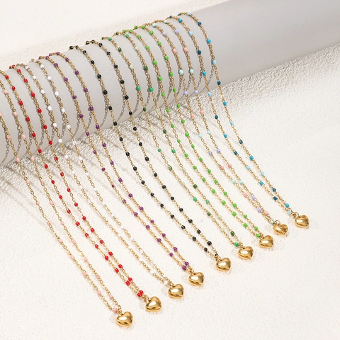 Collier Pendentif Coeur Acier Inoxydable Plaqué Or Avec Petites Perles Colorées Chaîne Clavicule Minimaliste Pour Femmes