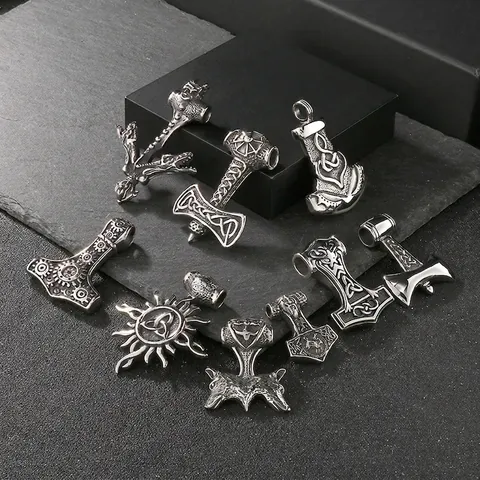 Viking Thor's Hammer Pendant Stainless Steel Mjolnir Wolf Head Celtic Knot Vintage Punk Jewelry For Men