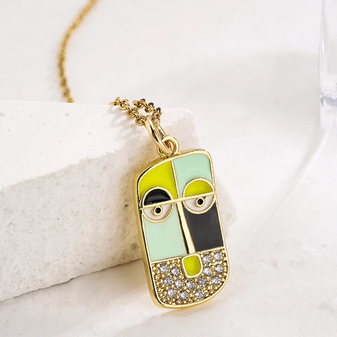 Abstract Face Pendant Necklace Copper Gold Plated Colorful Enamel Micro Inlaid Zircon Fashion Jewelry For Women