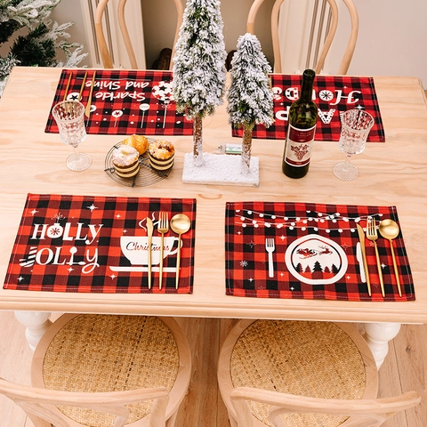 Set De Table Noël Rouge Noir Buffalo Plaid Carrelé Tissu Lin Décor Table Vacances Pour Salle À Manger Motif Renne Camion