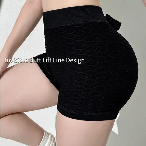 High Waist Yoga Shorts Women Honeycomb Textured Butt Lifting Seamless Fitness Gym Running Nylon Spandex With Back Bow