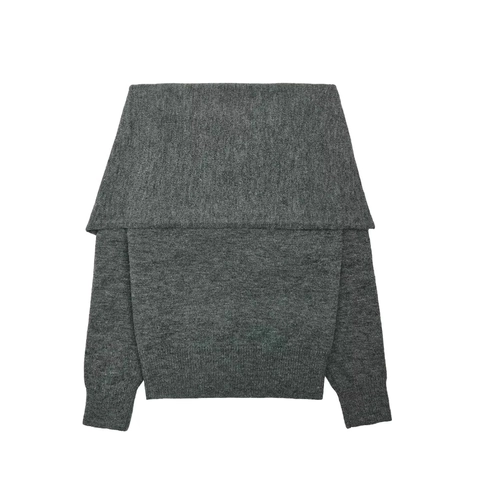 Off Shoulder Knit Top Women Elegant Long Sleeve Sweater With Knot Front And Contrast Edge Grey Solid Knitwear